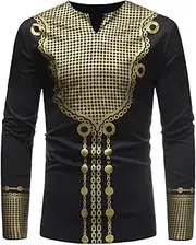 [XSION] Men's Traditional African Dashiki Luxury Metallic Gold Printed Shirt Long Sleeve Casual Top Pullover M-XXL (Color : Black, Size : Medium)
