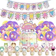 Party Supplies Decoration Set: Happy Birthday Banner, Balloons, Cake Topper, Cupcake Toppers for Kid's Birthday Celebration