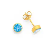9ct Gold Light Blue Cz Bezel Stud Earrings in Blue