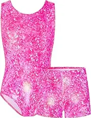 [TENVDA] Gymnastics Leotards for Girls 5-12 Years Old Sparkly Dance Tumbling Outfit Matching Shorts Set