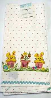 CYNTHIA ROWLEY KITCHEN TOWELS EASTER RABBITS IN FLOWER POTS YELLOW PINK NIP