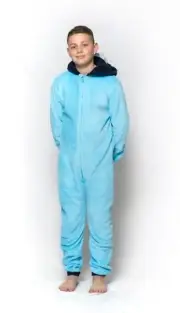 Boys Size 10-16 Aqua Blue Dinosaur Winter Fleece Hooded One Piece Jumpsuit