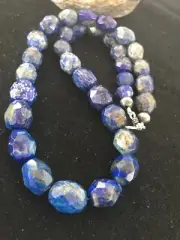 Denim Lapis Chunky Faceted Beads Navajo Pearls Sterling Silver Necklace 13973