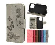 For iPhone 13 mini Case,Vintage Butterflies PU Leather Wallet Cover,Stand,Grey