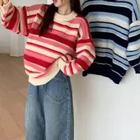 在飛比找momo購物網優惠-【D.studio】韓版寬鬆慵懶風條紋麻花毛衣(針織上衣 毛