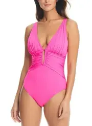 Bleu by Rod Beattie Womens Ruched With Cutout One-Piece Swimsuit 12 Pink - NWT