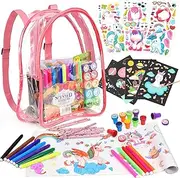 D-FantiX Unicorn Art Supplies Clear Backpack for Toddler, 51Pcs DIY Coloring Craft Kits with Scratch Art Paper and Stickers, Road Trip Activities for Kids, Creative Birthday Girls