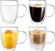 Glass Coffee Mugs 350ml(Set of 4) Double Wall Insulated Mug Set with Handle,Clear Glass Espresso Mugs Latte Cups for Cappucchino Espresso Tea Coffee