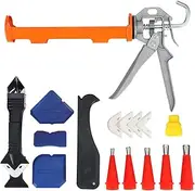 Caulking Gun Kits for 10 oz Caulk Tubes,Replaceable Nozzles and Silicone Caulk Remover,Sealant Finishing Tool with Grout Scraper,5 Exchange Pads, Ideal for Kitchen,Bathroom,Window
