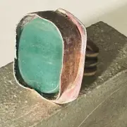 Genuine Jade Brass Copper Ring Size 8.5 Handmade Brutalist OOAK Artisan Rustic
