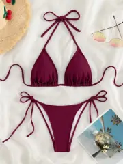 Summer Beach Halter Triangle Bikini Set with Tie-Side Design