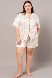 White Stripe Satin Jacquard Stripe Pyjama Pj 2 Piece Set