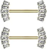 [Pierced Owl] 14GA ASTM F-136 Implant Grade Titanium Threadless Push-In CZ Crystal Baguette Fan Ends Nipple Barbells, Sold as a Pair