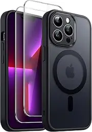 JETech 3 in 1 Magnetic Case for iPhone 13 Pro 6.1-Inch with 2-Pack Tempered Glass Screen Protector, Compatible with MagSafe, Translucent Matte Back Shockproof Phone Cover (Black)