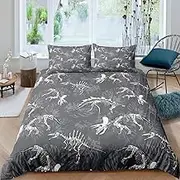 Dinosaur Duvet Cover Set Dinos Fossil Skull Comforter Cover For Kids Teen Boys Young Man Jurassic Series Bedding Set Child Room Decor Ancient Animals Skeleton Bones Quilt Cover 3Pcs King Size Grey