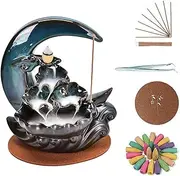 Ceramic Hand-Made New Moon Backflow Incense Holder with Cones and Sticks - Aromatherapy Home Decor & Fountain Burner Set with Fragrance Cones & Mat