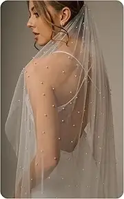AOREAS Long Wedding Bride Pearl Veil Chapel Length Veils Soft Tulle Bridal Veils with Comb 118 Inches