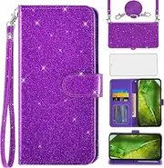 [Asuwish] Mobile Phone Case for Google Pixel 8a Case with Strap Film Screen Protector Card Slot Foldable Glitter Leather Wallet Stand Pixel8a 5G a8 Mobile Phone Cases Protective Mobile Phone Cases Cover