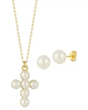 Glaze Jewelry 14K Over Silver 5mm- 6mm Pearl Cross Necklace & Earrings Set