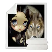 Dark Haired Beautiful Girl and Silver Eyed Wolf Throw Blanket