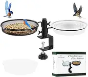 HRAYLTOP Deck Bird Feeders with Metal Mesh Tray and 2 Water Bowls - Detachable Adjustable Heavy Duty Clamp Bracket, Rail Bird Bath Balcony Porch Railing Feeder Perfect for Attracting Birds.