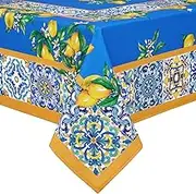 Rectangle Vintage Lemon Tablecloth 60x104 Inch, Waterproof Polyester Cotton Table Cloth, Tile Flower Pattern Tablecloths for Spring Summer, Fabric Tablecloth for Indoor/Outdoor/Picnic/Party Decor