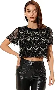 [Allegra K] Women's Short Sleeves Sequin Shiny Glitter Crop Top Party Tassel T-Shirt