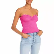 NWT Aqua Hot Pink Smocked Stretchy Strapless Top Sweetheart Neck Lettuce Trim XS