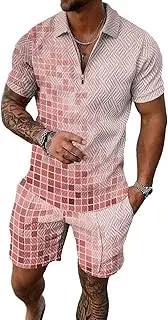 [WESLNN] Men's 2 Piece Set 2024 Summer，Gym Workout Summer Tracksuits Short Sleeve Zipper Polo Shirts and Two Piece。
