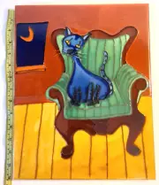 Extremely Rare Will Rafuse Blue Cat & Crescent Moon Glass Tile Art 11x14"