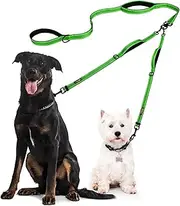 PAUBES - Double Dog Leash – Adjustable Length Long Leash for Dog Training – Dual Reflective Dog Leash with Non-Tangle Design – Heavy Duty Nylon – Ideal (Green, 2 Dog Leash with Handle (10-110 Lbs))