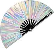Ravevibes 13" Large Glitter Holographic Rave Hand Fan, Folding Lridescent Festival Edm Clack Fan Foldable for Rave Outfits Accessories Festival, Club, Party, Dance for Women, Holographic White