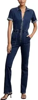 [Vimyig] Slim Zip Up Denim Jumpsuit for Women Sexy Short Sleeve Flare Jeans Long Pants One Piece Rompers with Pockets, Blue