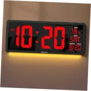 16” Large Digital Wall Clock with Remote Control - Adjustable Red + Remote