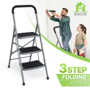 Folding 3 Step Ladder Sturdy Iron Step Stool Soft-Grip Handle 330lbs Pedal Black