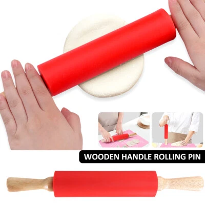 Rolling Pin Food Grade Silicone Non-Stick Fondant Roller Wooden Handle EmmdV
