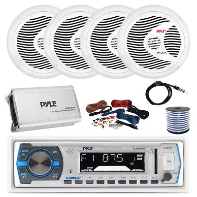 Pyle Marine Bluetooth Receiver, Amp w/Kit, 4x 8'' Speakers, Wire, Antenna