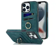 Full Protection Cover for iPhone 13 Pro Max, 2 Cards PU Leather Case with Ring Holder - Blue