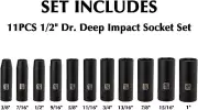 11PCS 1/2" Drive Deep Impact Socket Set 6 Point CR-V 11 Pcs 1/2-Inch SAE Sockets