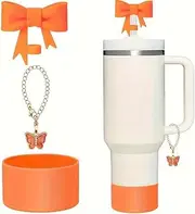 3PCs Straw Cover Set for Stanley Cup, Cute Bow Silicone Boot with Charm Chain, Compatible with 30/40 OZ Handle Tumbler (Orange)
