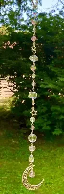 MOON & STAR CRYSTAL SUNCATCHER-PINKS-REAR VIEW MIRROR- 11"-HANDCRAFTED # 949