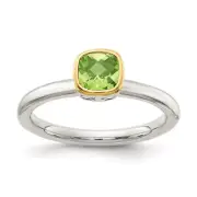 Sterling Silver Rhodium-plated 14K Accent Polished Cushion-cut Peridot Ring Sz 6