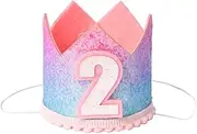 [Sundecor] Princess Tiara Crown, Glitter Girls First Birthday Hat, Sparkle Sequined Party Supplies, Number 2 Headband, Cake Smash Photo Prop for Baby Show, 2nd Rainbow Birthday Crown Cap