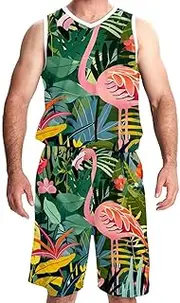 [KQNZT] Basketball Jersey and Shorts, Jersey Shorts Outfit Set, Athletic Shirts for Team Scrimmage, Tropical Jungle Cartoon Flamingo Flower Leaves