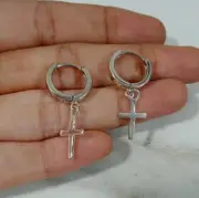 Valentine Gift Solid Metal Men's Cross Hoop Earring 14k White Gold Plated Silver