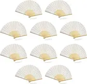 FANSOF.FANS Pack of 10 Silk Fabric Fan with a Tassel Grade A Bamboo Ribs Party Favour Handheld Fan (White)