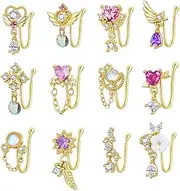 [PLOMFOV] 12Pcs Fake Nose Ring for Women Dangling Nose Cuffs Faux Clip on Nose Ring for Non Pierced Nose