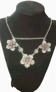 Vintage Flower Power Necklace 32" Pink Rhinestones Antique Look K-Mart Vintage