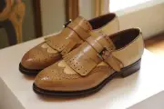 Handmade Off-White Brown Leather Brouge Monk Strap shoe, For Party shoes