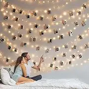 Mexllex Photo Clip String Lights, 33ft 100 LED Fairy Lights with 50 Clear Clips for Pictures, Cards, Artworks,Battery Operated Hanging Photo Lights for Room Wall Décor